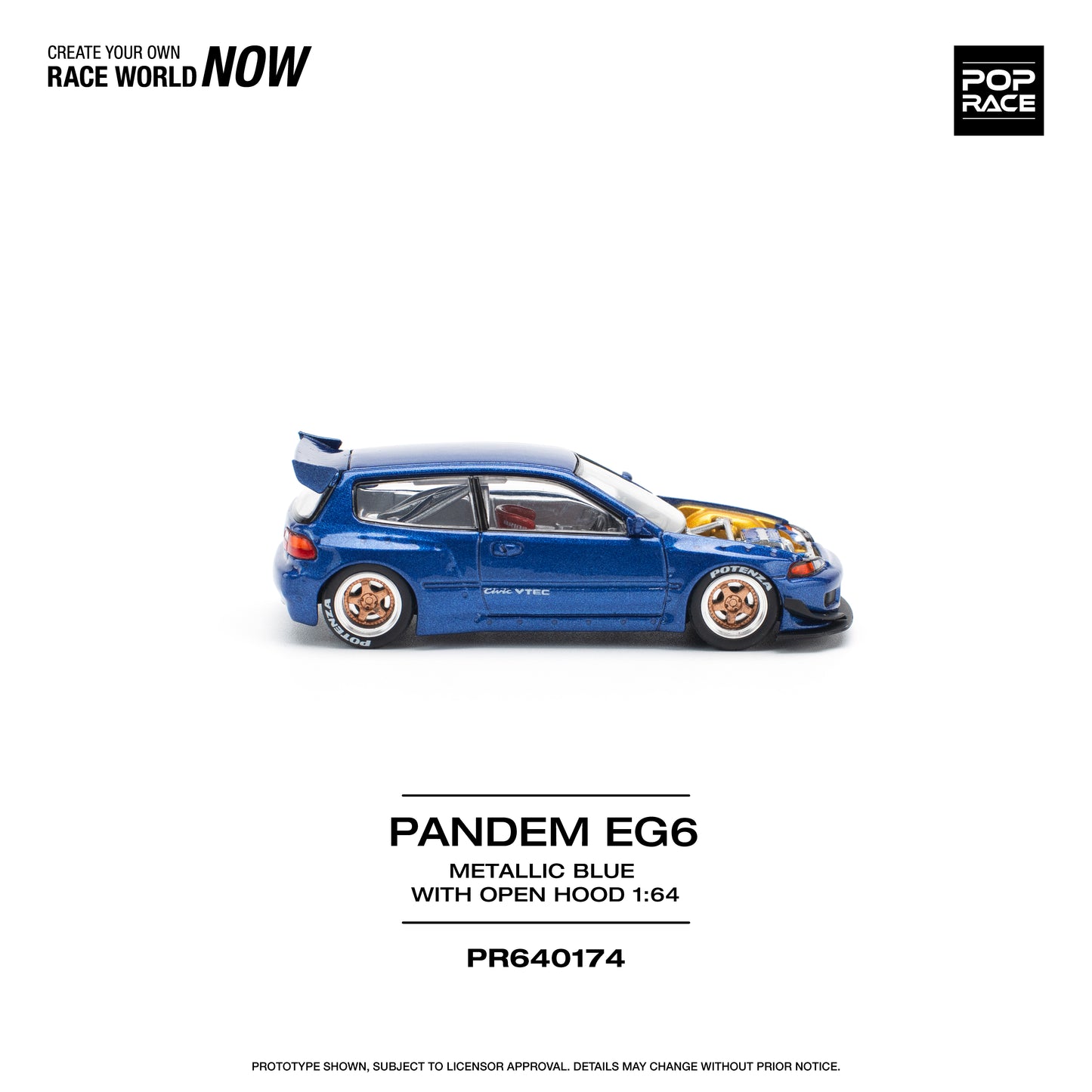 **PRE ORDER** Pop Race Pandem Civic EG6 - Metallic Blue W/ Open Hood