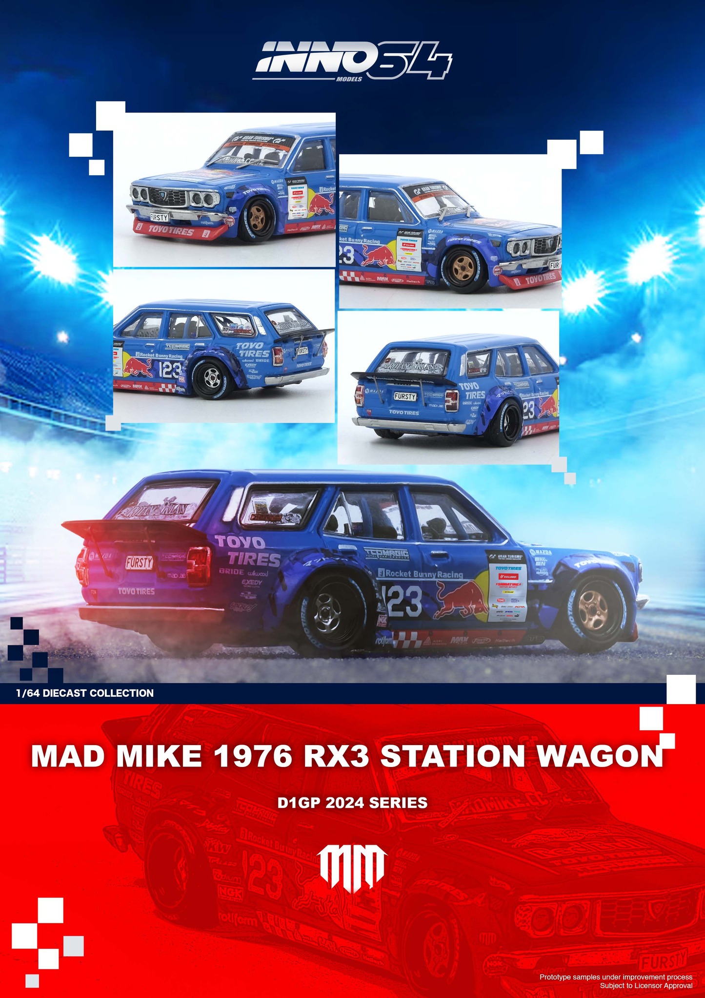 **PRE ORDER** INNO64 Mad Mike 1976 Mazda RX-3 Wagon D1GP Series 2024