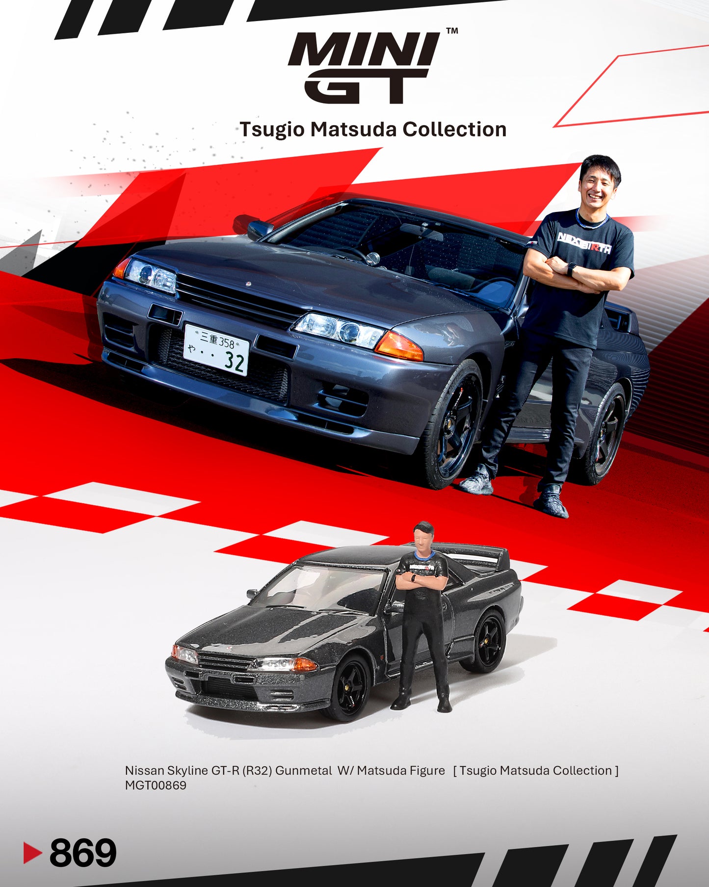 **PRE ORDER** Mini GT Nissan Skyline GT-R (R32) Nismo Gunmetal W/ Matsuda Figure Tsugio Matsuda Collection