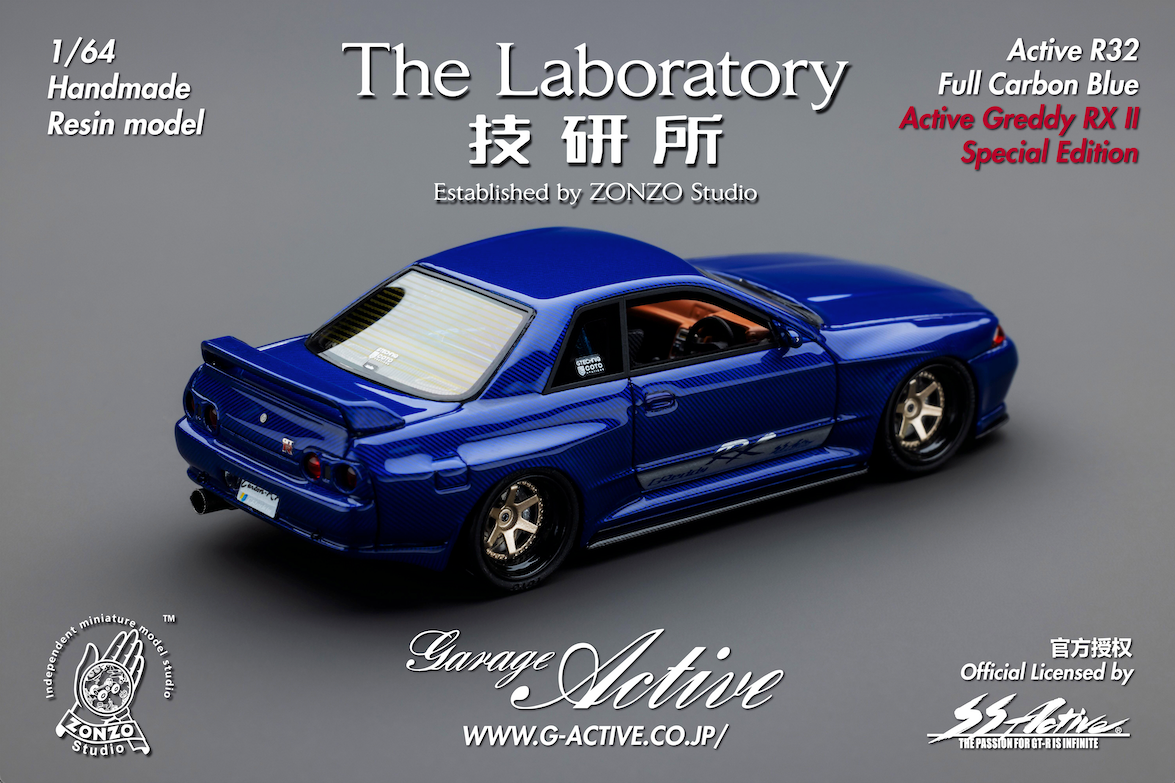 **PRE ORDER** The Laboratory Garage Active Greddy RXII By Zonzo Studio 2025 Hobby Expo China Exclusive Limited Edition R32 GTR Skyline - Blue Full Carbon