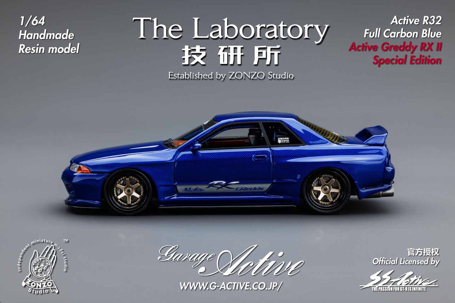 **PRE ORDER** The Laboratory Garage Active Greddy RXII By Zonzo Studio 2025 Hobby Expo China Exclusive Limited Edition R32 GTR Skyline - Blue Full Carbon