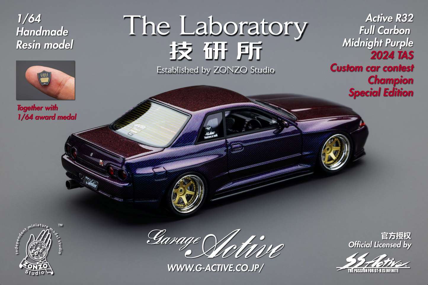 **PRE ORDER** The Laboratory Garage Active By Zonzo Studio 2024 Tokyo Auto Salon Modified Car Category Champion Exclusive Limited Edition R32 GTR Skyline - Midnight Purple Full Carbon