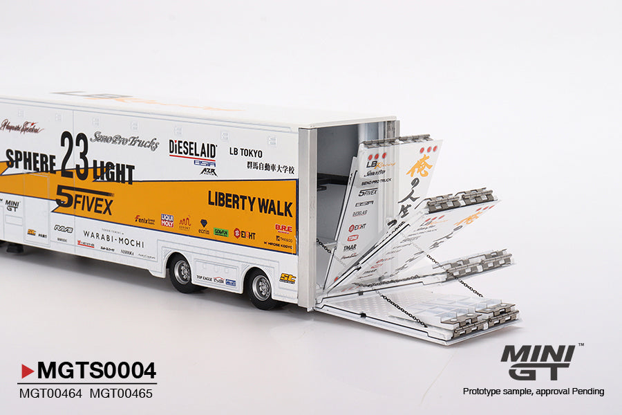 Mini GT Mercedes-Benz Actros w/ Racing Transporter Liberty Walk