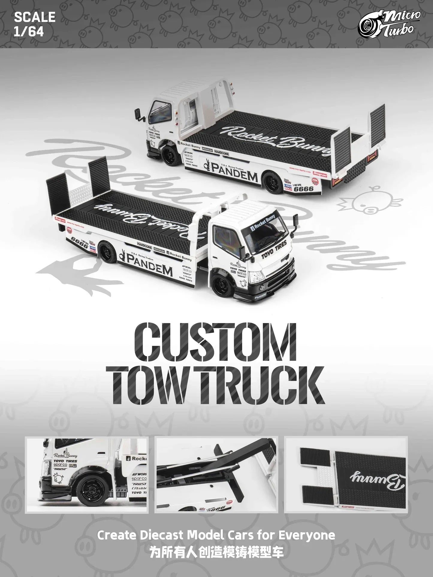 Micro Turbo Rocket Bunny Pandem Custom Flat Bed Tow Truck Metallic White