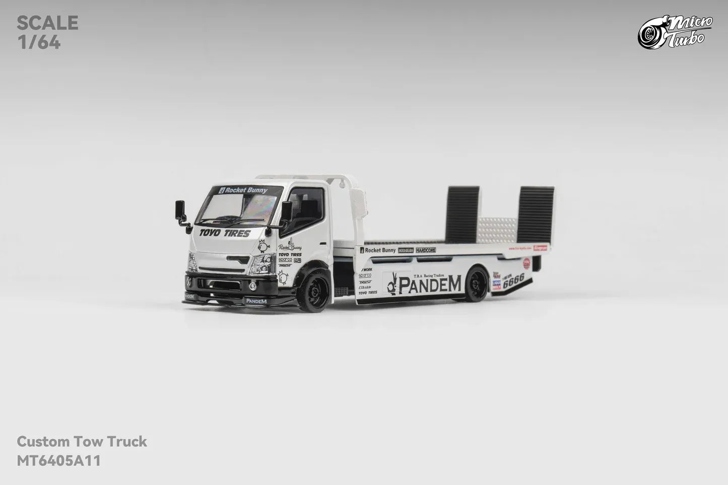Micro Turbo Rocket Bunny Pandem Custom Flat Bed Tow Truck Metallic White