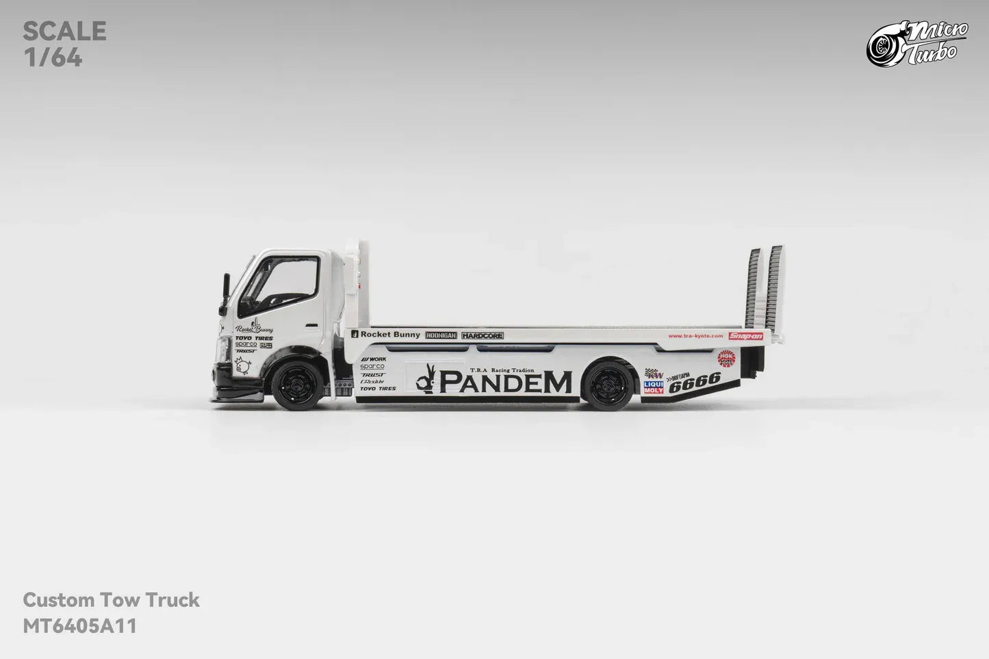 Micro Turbo Rocket Bunny Pandem Custom Flat Bed Tow Truck Metallic White