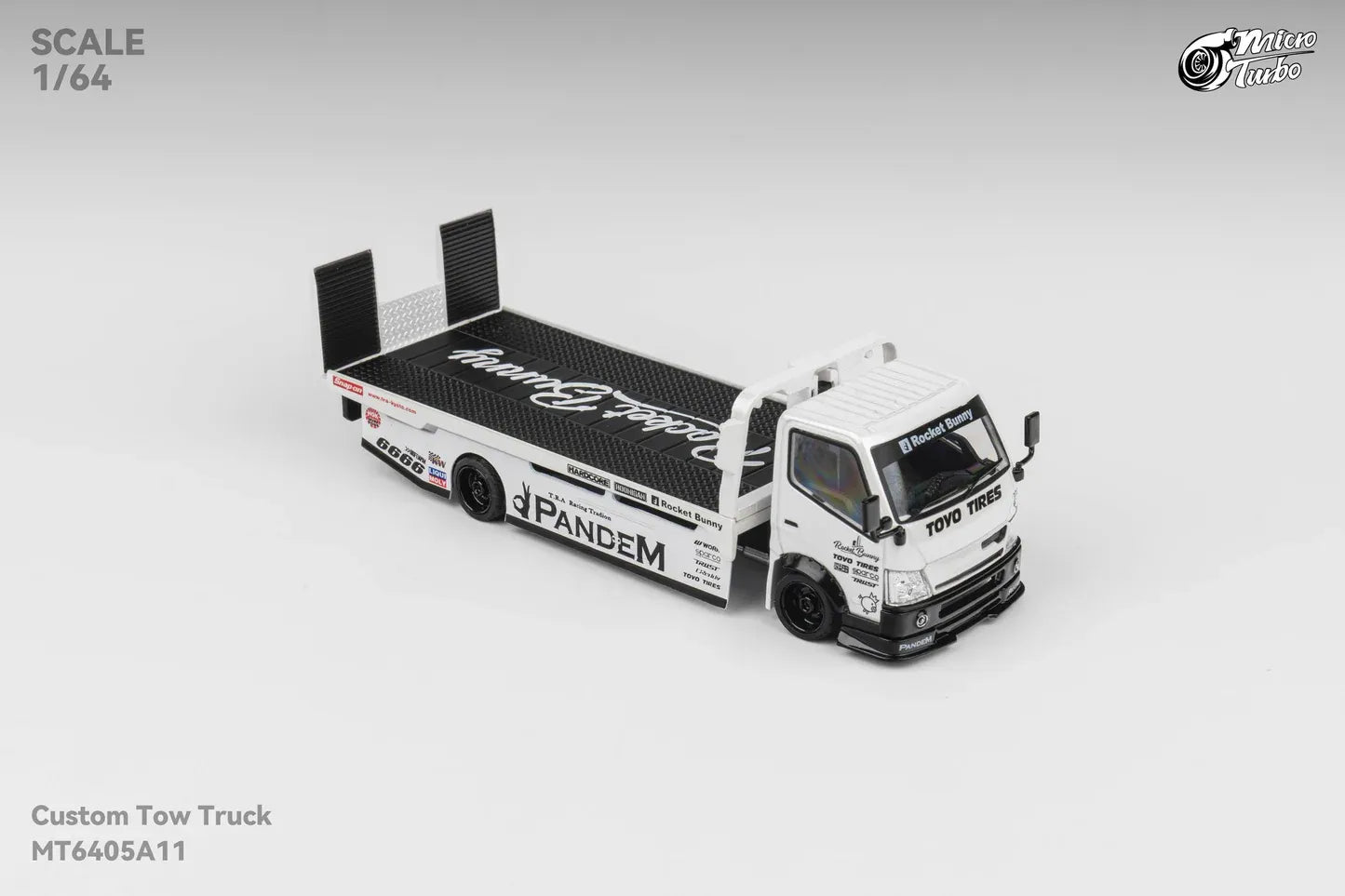Micro Turbo Rocket Bunny Pandem Custom Flat Bed Tow Truck Metallic White