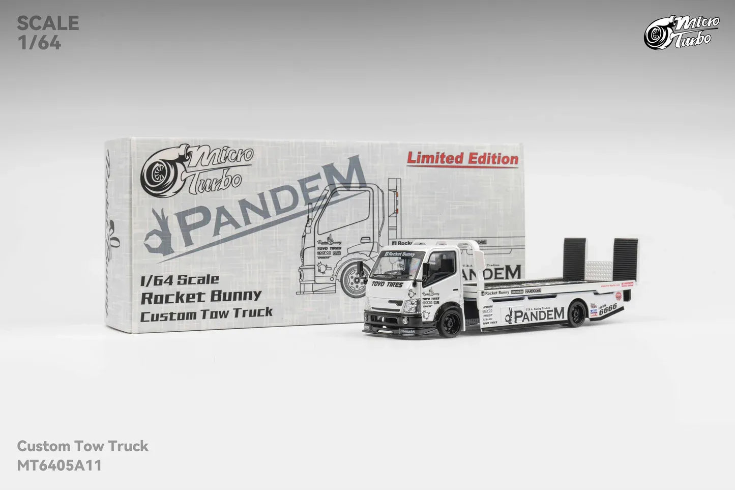 Micro Turbo Rocket Bunny Pandem Custom Flat Bed Tow Truck Metallic White