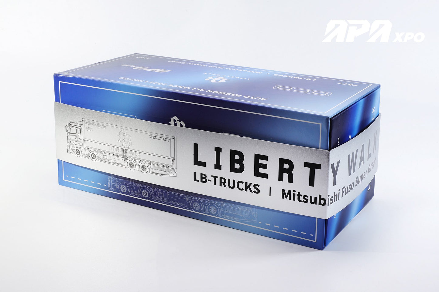 **PRE ORDER** GCD 1:64 Liberty Walk LB-Trucks Mitsubishi Fuso Super Great Transporter LBWK - 2025 Foshan APA XPO Special Limited Edition Chrome Blue - Limited to 800 Pieces