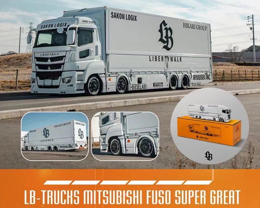 Pre Order GCD 1:64 Liberty Walk LB-Trucks Mitsubishi Fuso Super Great Transporter Sakon Logix – White