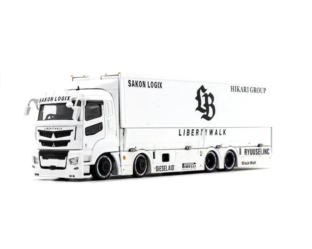 Pre Order GCD 1:64 Liberty Walk LB-Trucks Mitsubishi Fuso Super Great Transporter Sakon Logix – White