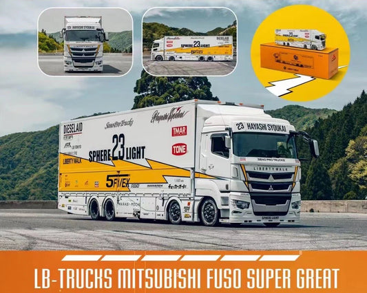 Pre order GCD 1:64 Liberty Walk LB-Trucks Mitsubishi Fuso Super Great Transporter Sphere – White