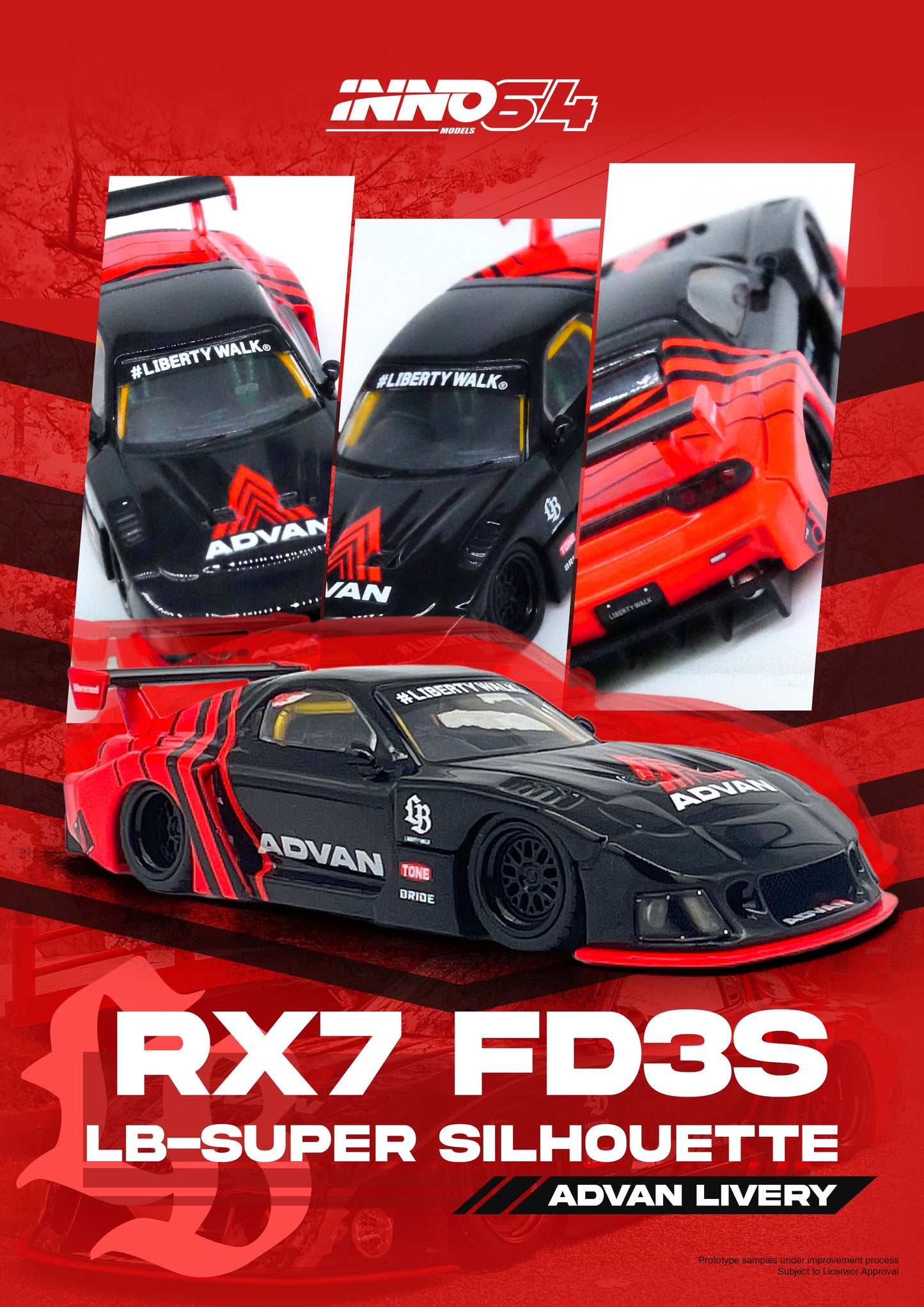 Pre Order INNO64 LBWK Mazda RX-7 FD3S LB-Super Silhouette "Advan Livery"