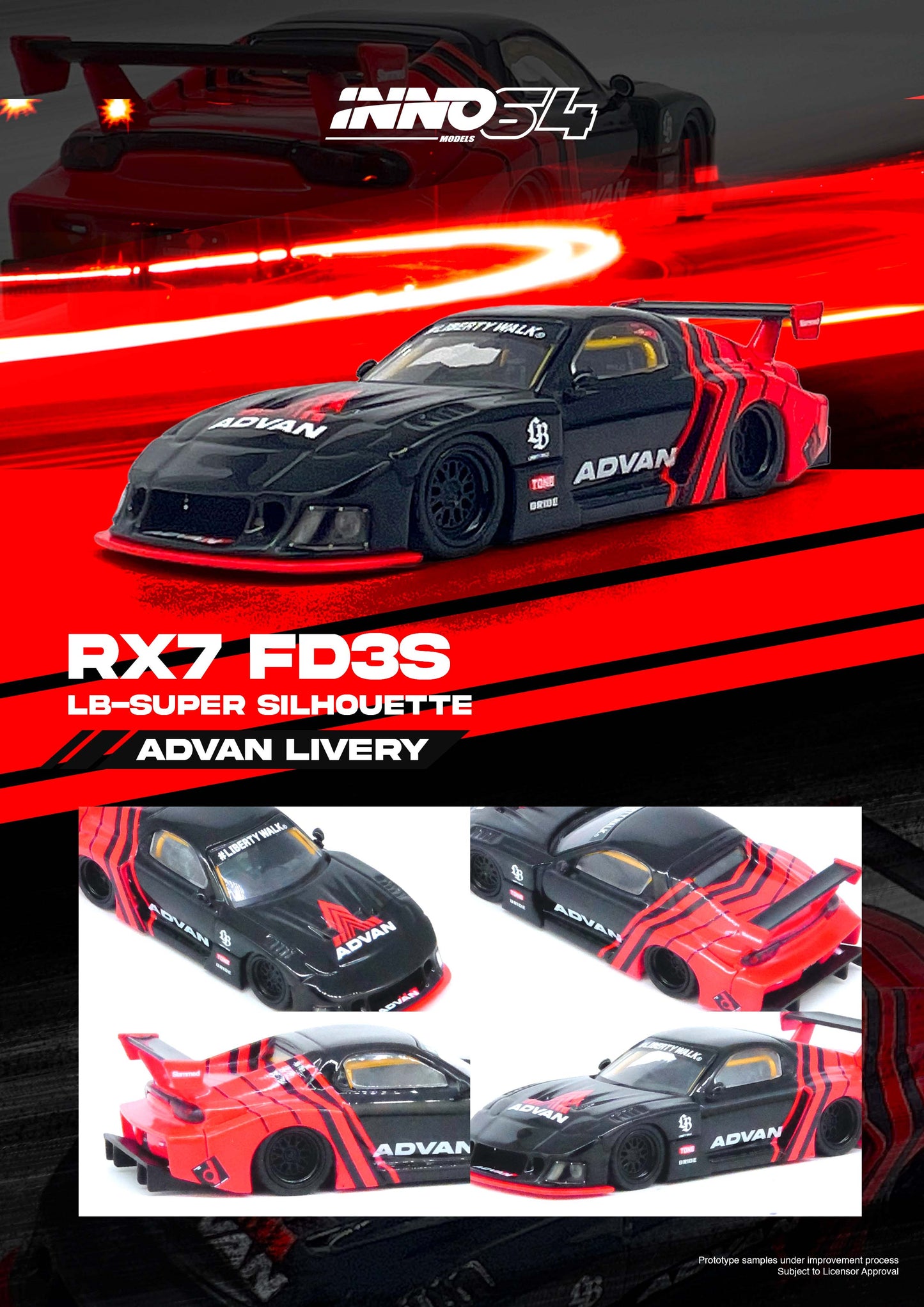 Pre Order INNO64 LBWK Mazda RX-7 FD3S LB-Super Silhouette "Advan Livery"