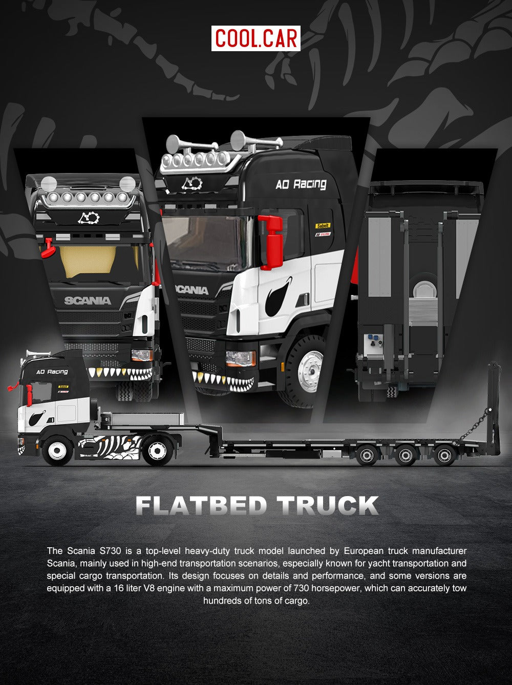 **PRE ORDER** Cool Car Scania Flat Bed Truck AO Racing Skeleton Rexy Livery CC647505